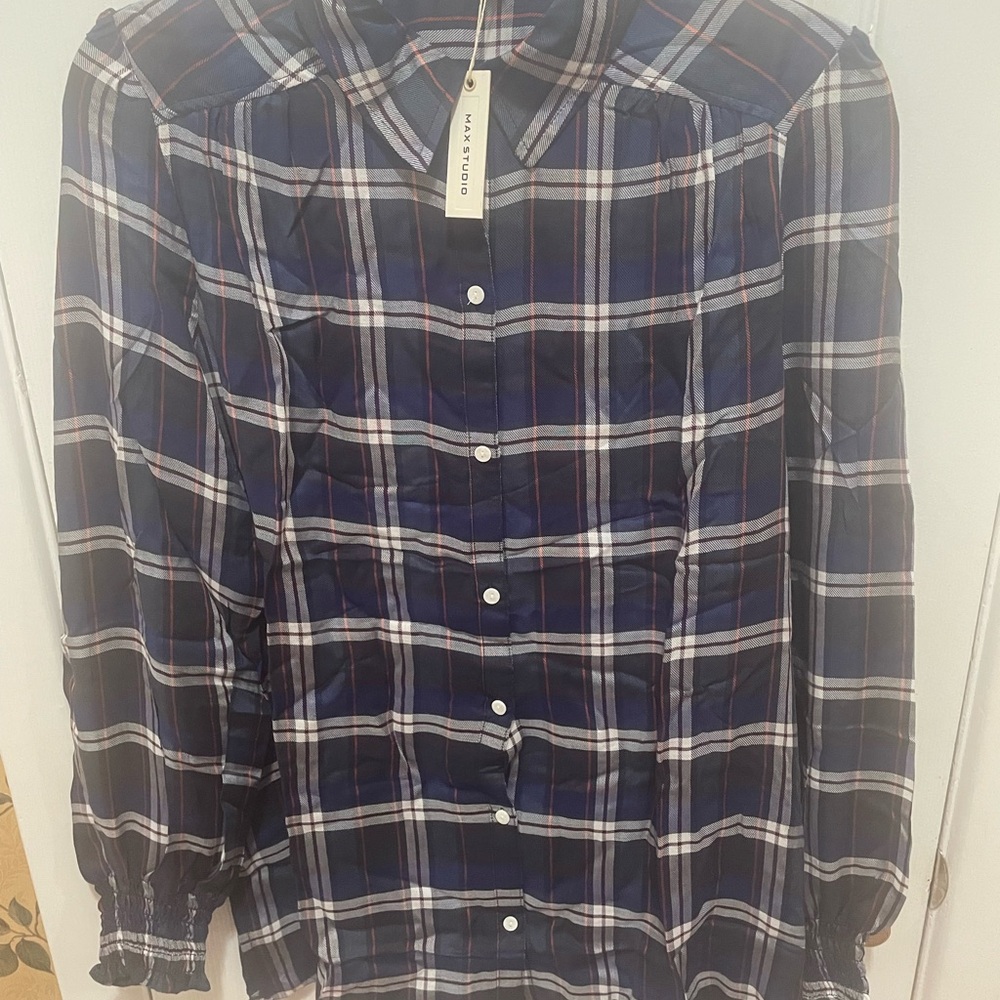 Max Studio Blue and White Plaid Button Down Shirt